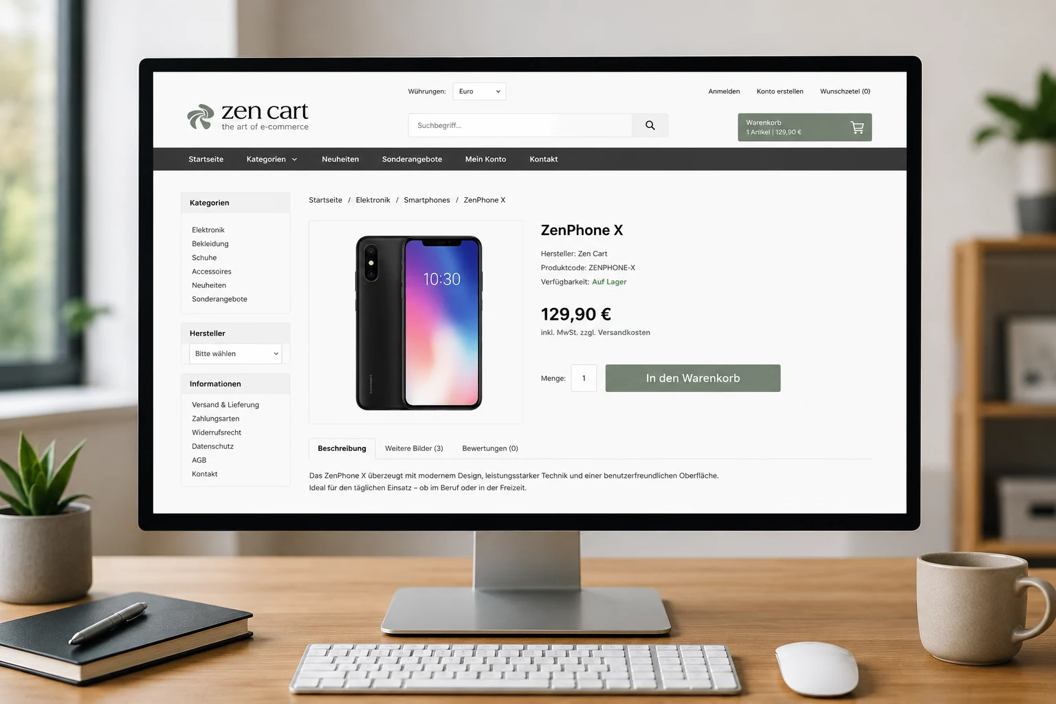 Zen Cart Webshop auf einem Monitor mit Produktübersicht, Kategorien, Warenkorb und Bestellbereich