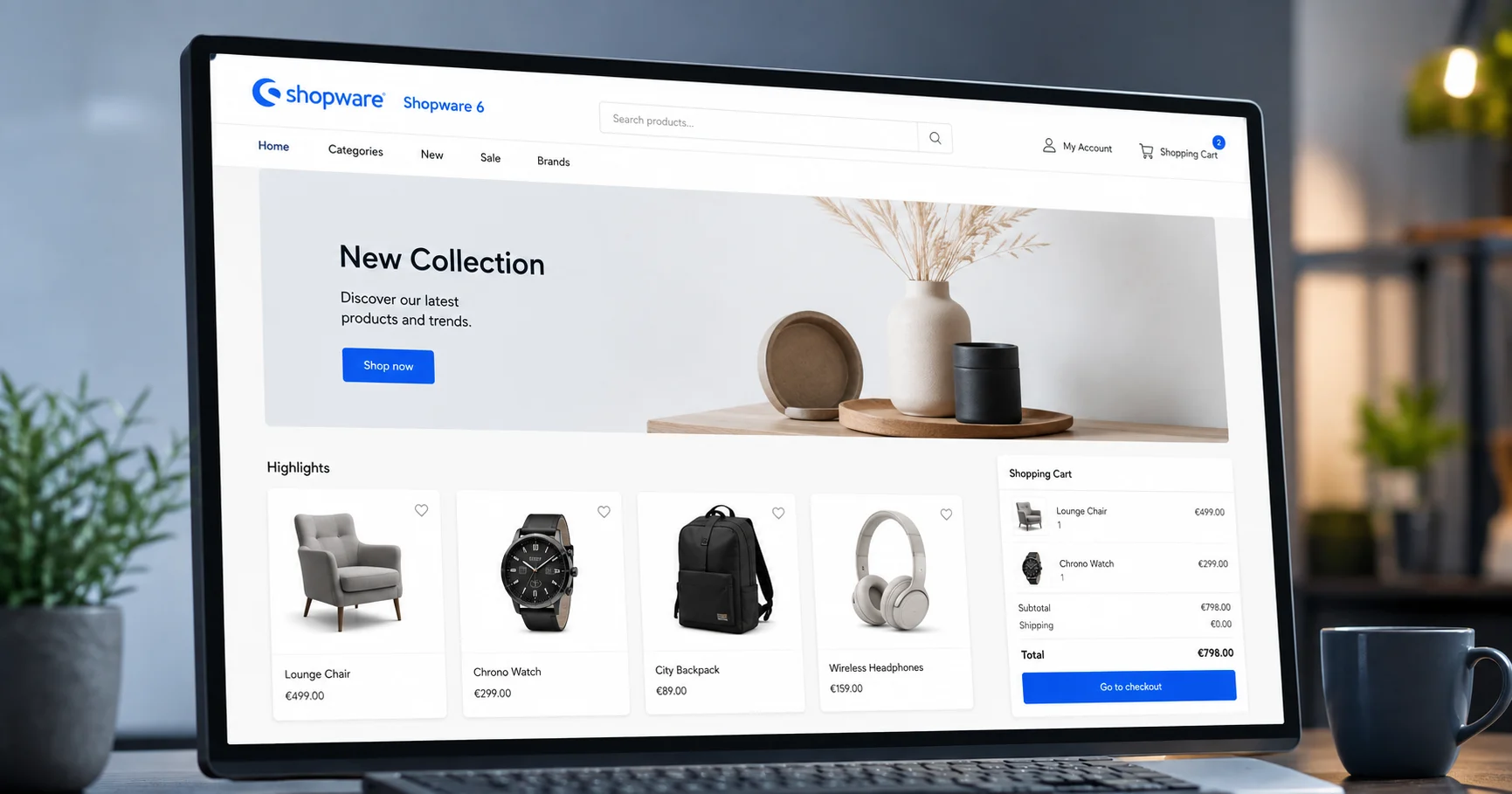 Shopware 6 webshop displayed on a monitor with products, categories, shopping cart and checkout