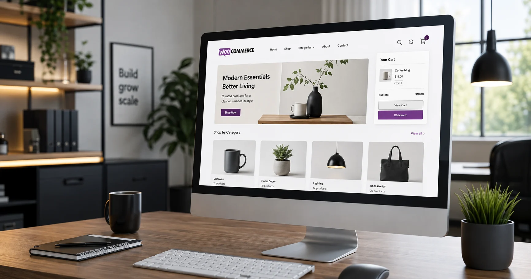 Modern WooCommerce webshop displayed on a monitor with product categories, shopping cart and checkout in a modern office